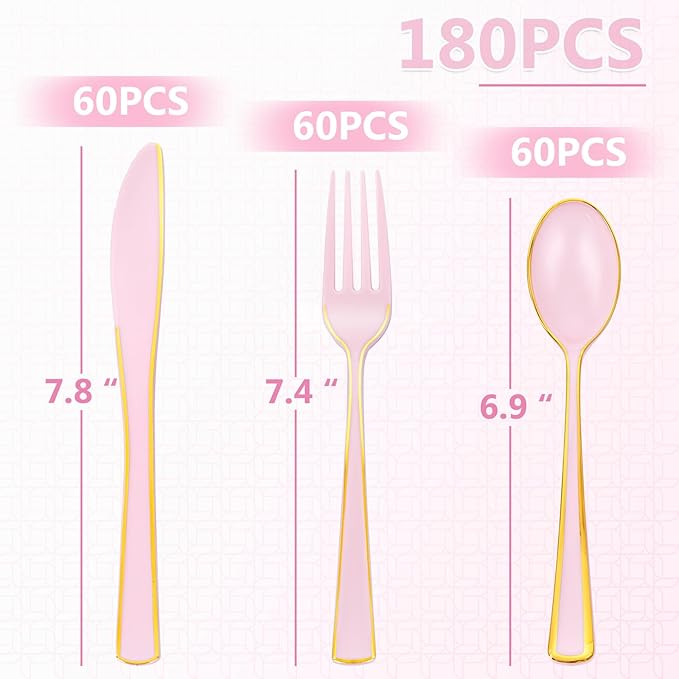 WDF 180 Pieces Pink Plastic Silverware with Gold -Pink Plastic Utensils Set - 60 Guest Pink Cutlery Disposable for Birthday/Party/Wedding