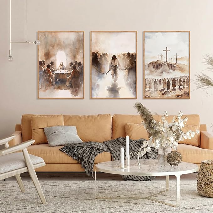 LHIUEM Large Jesus Neutral Framed Canvas Wall Art Set,Christ Church Wall Decor,Christian Bible Story Religious Easter Last Supper Artwork for Living Room,Churches,Prayer Room Decor- 24''x36''x3