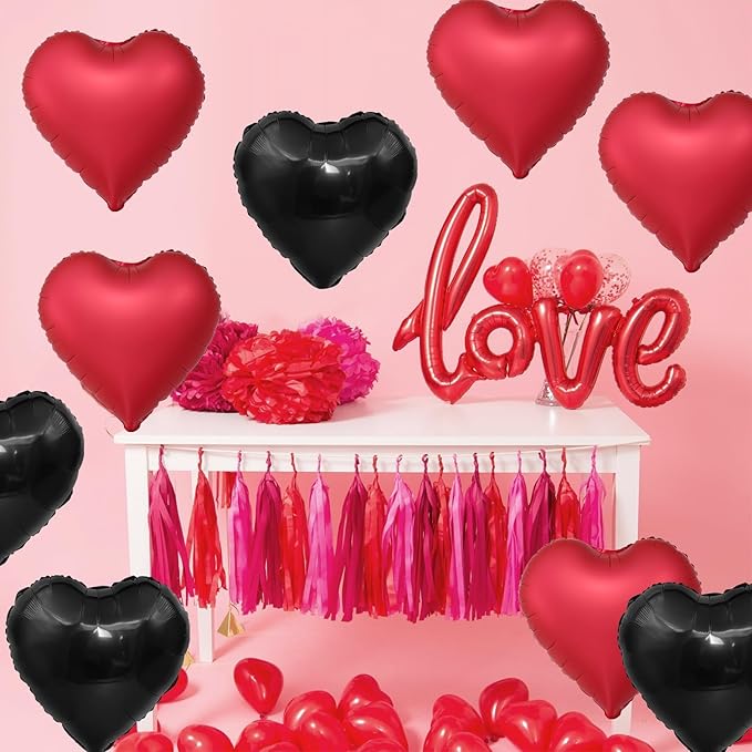 Black Red Heart Balloons,12Pcs 18Inch Black Metallic Red Heart Shaped Foil Balloons for Birthday Valentine's Day Anniversary Wedding Engagement Party Decorations