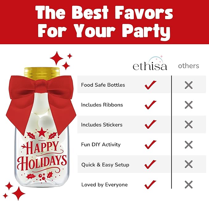 12 Pack Christmas Candy Jars with Ribbons and Stickers - DIY Party Favor Containers for Holiday Parties, Classroom, Stocking Stuffers, and Table Decorations