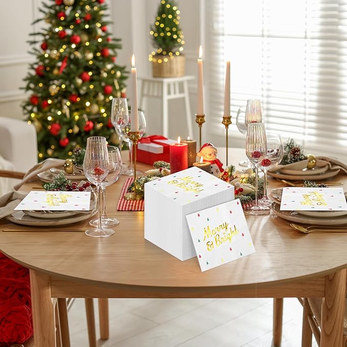 100 Pcs Christmas Tree Paper Napkins Disposable, Merry Bright Red Green Gold Foil Cocktail Napkins, Xmas Holiday Square Party Guest Dinner Napkin for Christmas Winter Party Supplies, 6.5x6.5 Inch