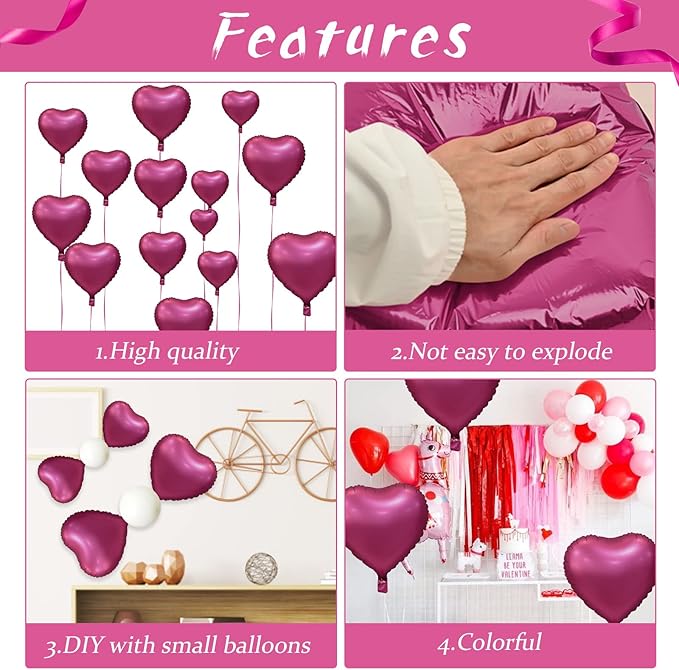 Biapian Foil Heart Balloons, 10PCS Pink Heart Shape Balloons Valentines Balloons 18inch Rose Red Foil Balloons for Helium Birthday Decorations for Girls Women for Valentines Day, Wedding, Anniversary