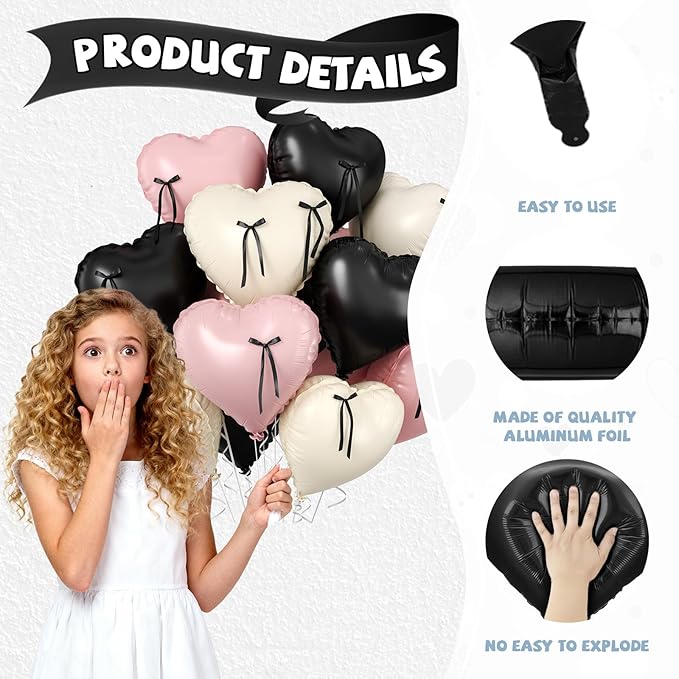 Pink and Black Heart Balloons, 10 Pcs Baby Pink Cream Heart Shaped Balloon with Black Bow Ribbon, 18 Inch Pink Sand White Foil Balloons for Brithday Baby Shower Wedding Valentines Party Decoration