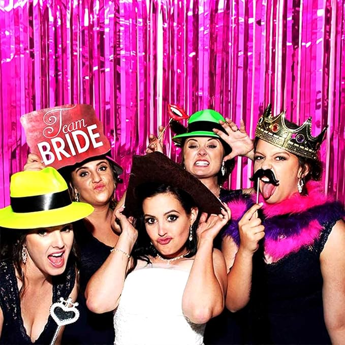 4 Pack Fuchsia Foil Fringe Curtain Backdrop,3.28Ft x 8.2Ft Metallic Tinsel Foil Fringe Streamer Curtains for Party,Photo Booth Props,Birthday,Graduation Decoration Party Supplies