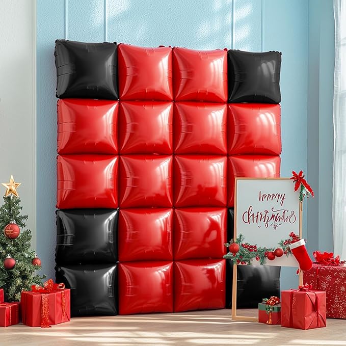 NISOCY 25PCS Red Black Square Foil Balloons Wall Backdrop Double Sided Red Black Balloons Arch Kit for Birthday Valentine's Day Halloween Graduation Wedding Anniversary Party Decorations