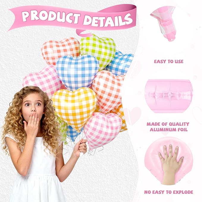 Pastel Grid Heart Balloons, 10 Pcs Rainbow Checkered Heart Shape Balloon, 18 Inch Pink Yellow Blue Red Green Lattice Foil Balloons Helium for Kids Birthday Valentines Baby Shower Party Decorations