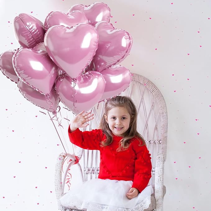 Biapian Pink Foil Heart Balloons, 10PCS Pink Heart Shape Balloons, Valentines Balloons 18inch Pink Love Foil Balloons for Helium Birthday Decorations for Valentines Day, Wedding Party, Anniversary