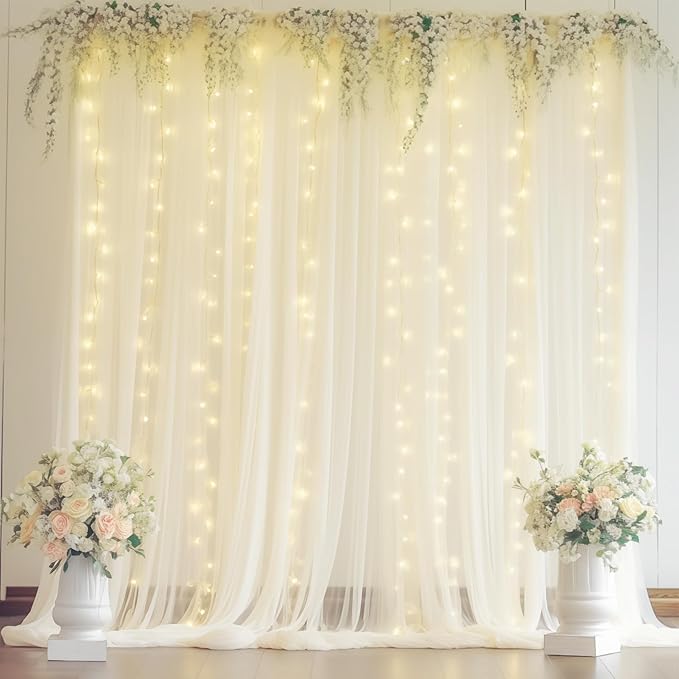 10ft x 8ft Ivory Backdrop Curtain with Lights String for Parties, Sheer Tulle Wedding Photo Backdrops Drapes for Baby Shower Birthday Party Decorations Background for Photography