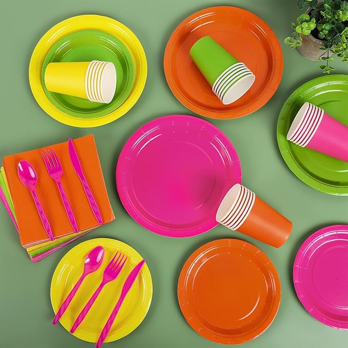 durony 192 Pcs Neon Party Supplies Paper Plates Cups Napkins Hard Plastic Cutlery Forks Knives Spoons Disposable Glow Party Tableware for Fiesta Neon Birthday Party Favor Decorations Serves 24 Guests