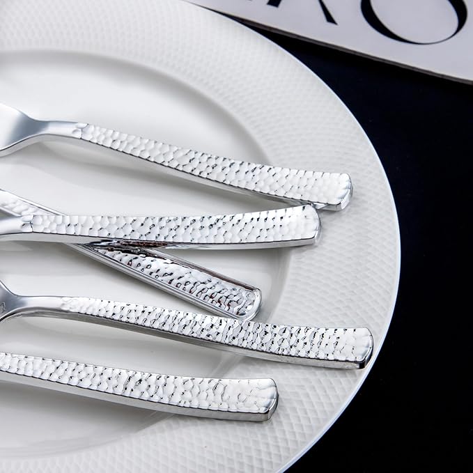 Nervure 300PCS Silver Plastic Silverware - Disposable Silver Cutlery - Hammered Plastic Utensils Include 100 Forks, 100 Knives, 100 Spoons Perfect for Dinner, Party & Wedding