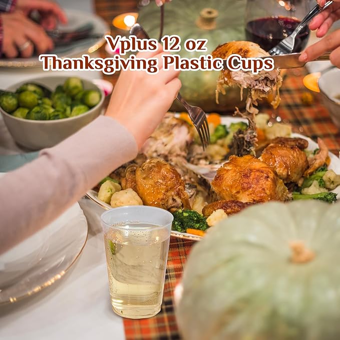 Vplus 150 Pack 12 OZ Reusable Clear Plastic Cups, Disposable Heavy Duty Plastic Cups for Party, Christmas, Wedding, Thanksgiving, Halloween