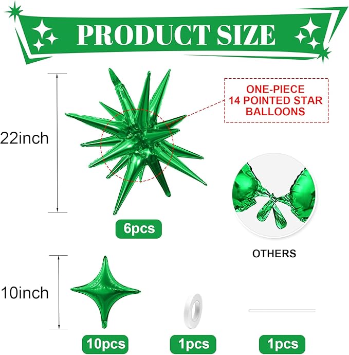 Green Star Balloons,6Pcs 22Inch Explosion Star Balloons and 10Pcs 10Inch Four Angle Balloon Kit for Witch Halloween Birthday Anniversary Disco Party Decorations
