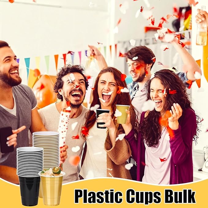 KesaPlan 50PCS 16 oz Plastic Cups Graduation Cups Black and Gold Disposable Party Cup Bulk for Party Graduation Wedding Birthday Halloween Family Gatherings and Festive Celebrations