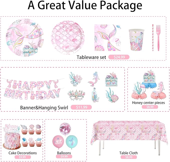 175PCS Mermaid Party Decorations, Mermaid Theme Party Supplies Plates and Napkins Set, Tableware,Banner, Hanging Swirls, Tablecloth, Balloon,Cake Cupcake Topper,Honeycomb Centerpiece Baby Shower
