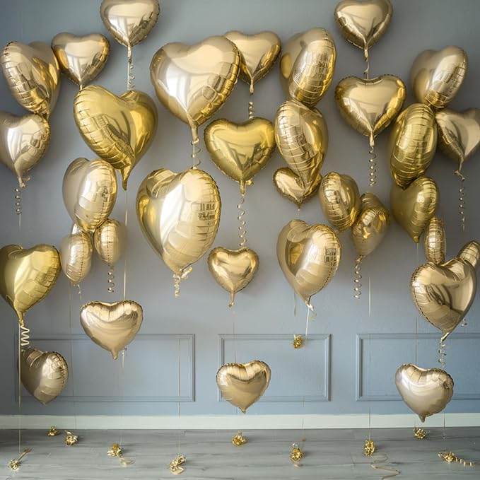 Champagne Gold Heart Balloons, 19PCS Light Gold Heart Shape Balloons, 18Inch with 10Inch Foil Gold Balloon for Birthday Marriage Wedding Bridal Party Anniversary Decoration