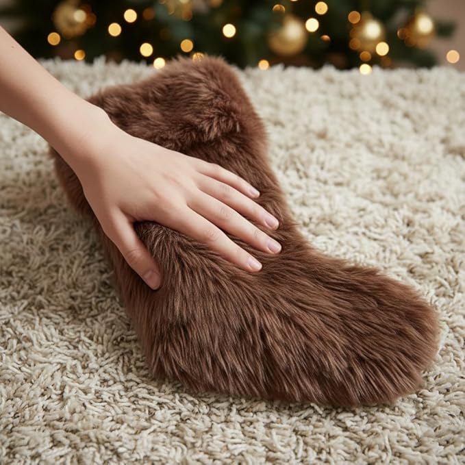 AISENO 3 Pack 18 Inch Brown Christmas Stockings Faux Fur Personalized Hanging Ornaments Candy Gift Bags for Christmas Decorations