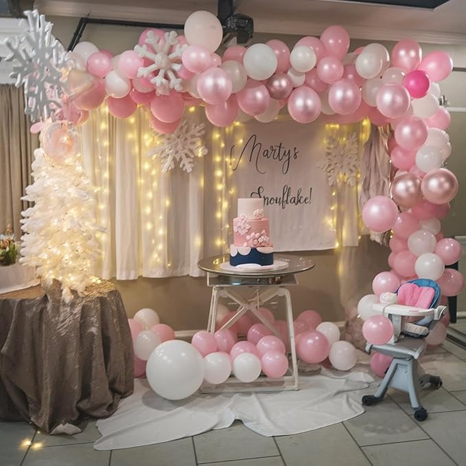 Pink Winter Wonderland Balloons, 50 Pcs 12 Inch Pearl White Balloons Pastel Metallic Pink Balloon for Girls Womem Winter Christmas Wonderland Birthday Baby Shower Ice Snow Princess Party Decorations