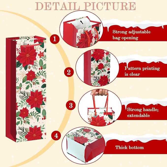 Xylitic 10Pack Christmas Wine Bags with Handles, 14” x 4.7” x 3.5” Christmas Wine Gift Bags for Xmas Holiday Winter and Drinkers Gift Party Favors Supplies.