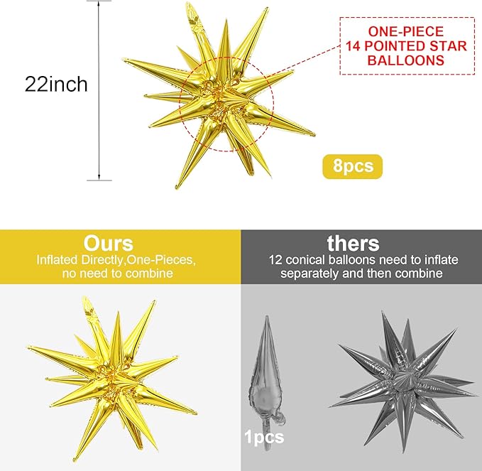 8PCS Gold Star Balloons, 22Inch Large Explosion Star Balloons Aluminum Foil Balloon for Birthday Party Wedding Anniversary New Year Graduation Party Decorations Supplies