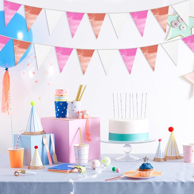 65FT Rose-Gold Pink Glitter Triangle Pennant Banner Flag Metallic Bunting Fabric Garland for Christmas Graduation Wedding Engagement Anniversary Bachelorette Bridal Shower Valentine's Party Supplies