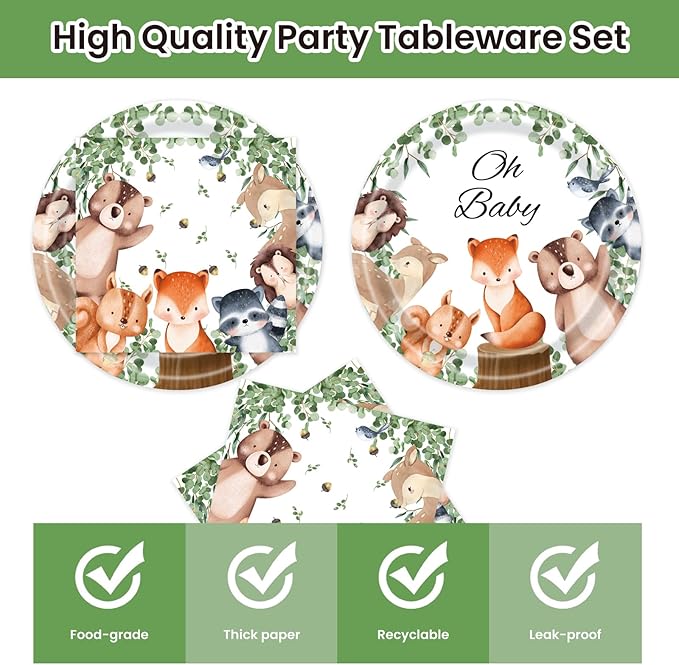 40Pcs Woodland Baby Shower Plates and Napkins Party Supplies, 9 Inch Nature Sage Paper Plates and Napkins Disposable Tableware Set for Boys Girls Safari Jungle Animal Party Decorations