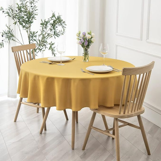maxmill Round Textured Tablecloth Spill-Proof Wrinkle Free Soft Jacquard Table Cloth for Circular Table Cover, for Dining Room Buffet Banquet Parties Holiday Dinner, 70 Inch, Ochre Yellow