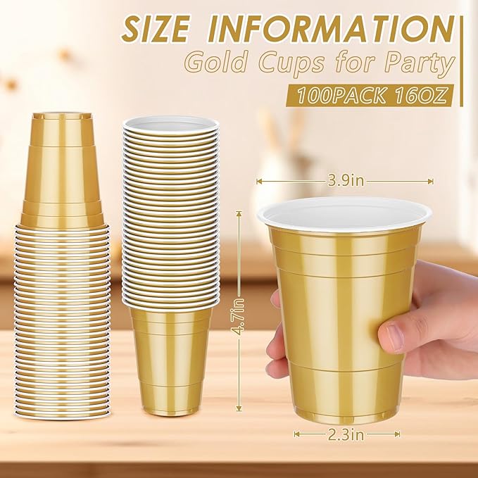Dualshine 100 Pack 16 oz Gold Plastic Cups, Disposable Plastic Party Cups, Heavy Duty Drinking Water Cup for Wedding Birthday Graduation Valentine's Day Christmas Baby Shower Picnic Barbecues Supplies