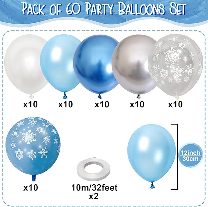 Snowflake Balloons Winter Blue White Silver Balloons Metallic Pearl Blue Silver White Snowflake Balloon Set for Princess Snow Wonderland Ice Christmas Birthday Baby Shower Wedding Party Decorations