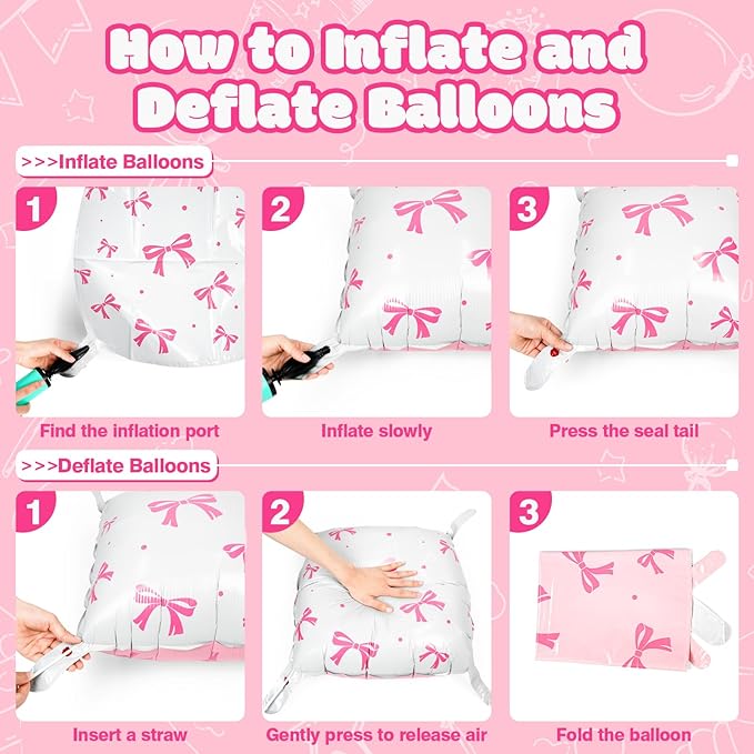 NISOCY 25PCS White Pink Bow Square Foil Balloons Wall Backdrop Double Sided White Coquette Pink Bow Balloons Tunnel for Birthday Wedding Valentines Bachelorette Bridal Baby Shower Party Decorations