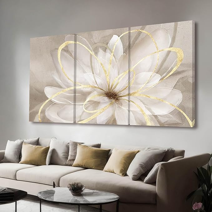 Kureful Gold Wall Art Pictures for Bedroom Flowers Wall Decor Floral Posters Art 3 Piece Wall Decorations Minimalist Decor for Walls 20"x 26"x 3