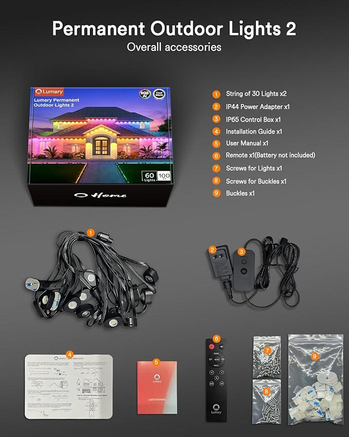 Lumary Smart Permanent Outdoor Lights 2 with Remote & Slide-Base, 100ft with 60 RGBAICW LEDs 3600lm for House Daily & Accent Lighting, 110+ Modes for Christmas Decor, Work with Alexa Google, Black