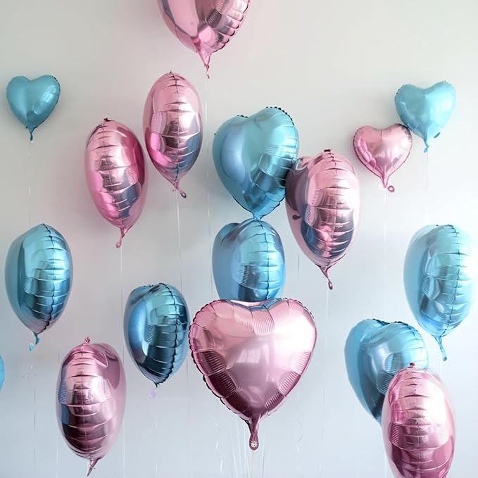 Pink Blue Heart Balloons, 19PCS Pink and Blue Heart Shape Balloons, 18Inch with 10Inch Pastel Blue Pink Helium Foil Balloon Love Balloon for Birthday Baby Shower Party Decorations