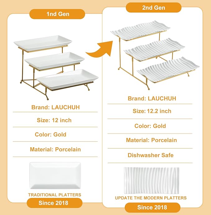 LAUCHUH 3 Tier Trays Stand, Porcelain Serving Trays Collapsible Sturdier Stand Serving Platters Dessert Table Display Set for Indoor Party, Entertaining, Thanksgiving, Christmas, Gold, 12.2 Inch