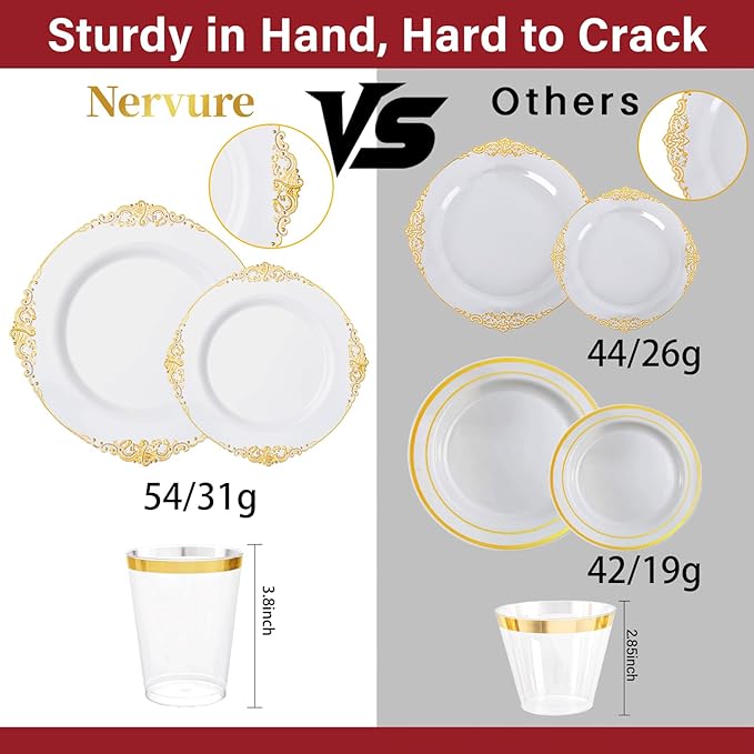 Nervure 175PCS White and Gold Plastic Plates - Disposable Dinnerware Set Include 50 Gold Plates for Dinner and Dessert, 75 Cutlery, 25Cups 25Napkins for Wedding & Party & Thanksgiving