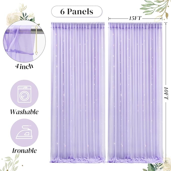 30ft x 10ft Purple Backdrop Curtain with Lights String for Parties, Sheer Tulle Wedding Photo Backdrops Drapes for Baby Shower Birthday Party Decorations Background for Photography