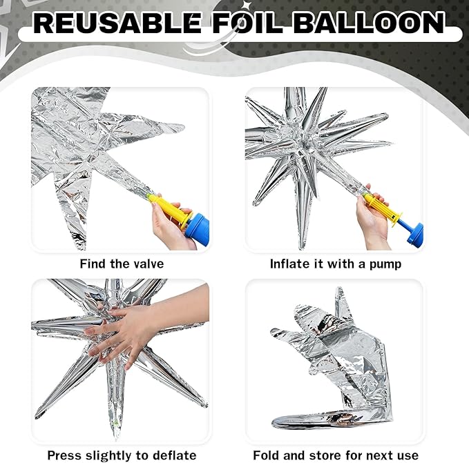 6PCS Silver Black Star Balloons, 22Inch Large Star Balloon Foil Balloons Spike Cone Balloon for Birthday Anniversary New Years Party Decorations