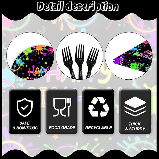 96Pcs Neon Birthday Party Decorations Party Supplies Plates and Napkins Forks for 24 Guests - Disposable Tableware Glow in the Dark Neon for Kids Baby Shower Birthday Decorations