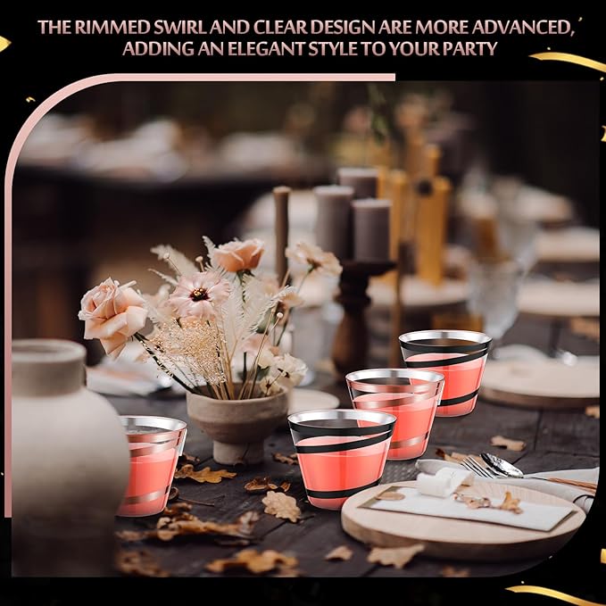 Gejoy 9 oz Rimmed Swirl Plastic Cups Disposable Wine Drinking Cups Clear Elegant Halloween Tumblers for Christmas Party Supplies(Rose Gold, Black,100 Pcs)