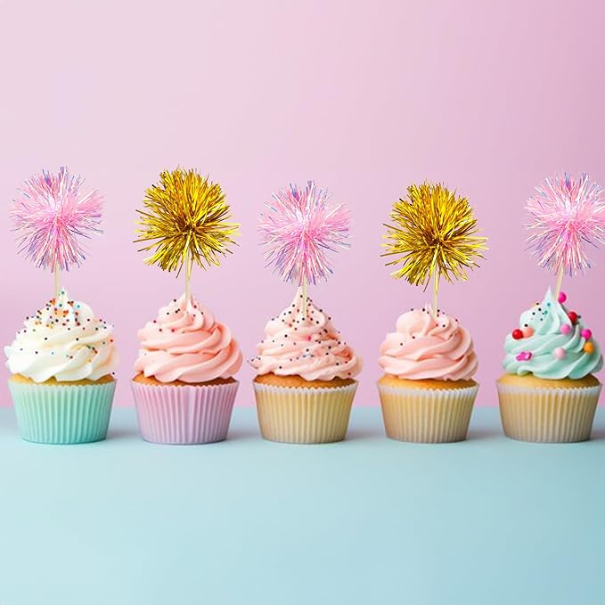 Gyufise 30Pcs Foil Firework Cupcake Toppers Sparkle Tinsel Cake Toppers Tinsel Drink Cake Decoration Cocktail Picks for Birthday Wedding Graduation Party Supplies Gold Pink