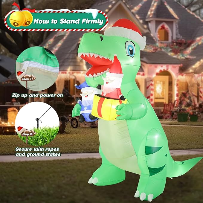 Taman 8 FT Christmas Inflatable Decorations, Large Dinosaur with Santa Claus Propeller Built-in Bright LED Light Blow Up for Yard, Garden,Lawn Outdoor Holiday Yard Decorations