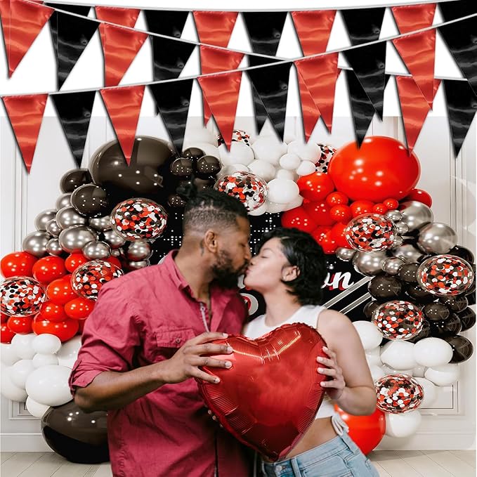 130FT Red Black Triangle Pennant Banner Flag Metallic Fabric Bunting Garland for Christmas Graduation Bachelorette Anniversary Birthday Engagement Wedding Anniversary Casino Party Decorations Supplies