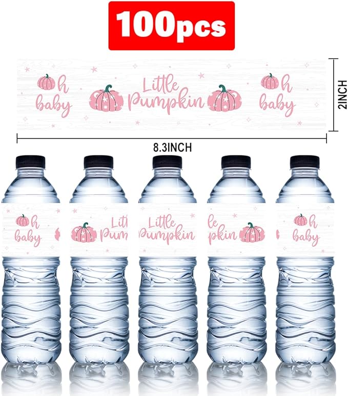 100Pcs Pink Little Pumpkin Girl Baby Shower Water Bottle Labels Waterproof Wrappers for Fall Baby Shower Decorations and Party Drink Stations