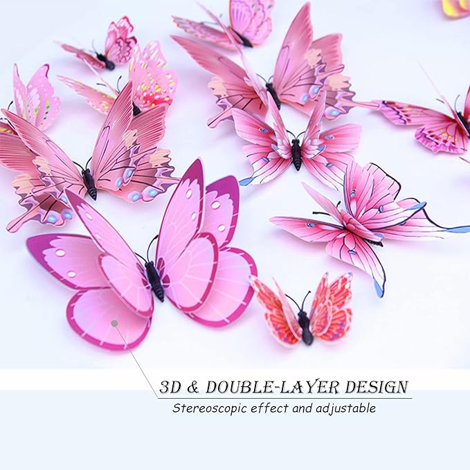 Butterfly Wall Decor 24/48 PCS, 3D Butterflies Stickers for Party Decorations with Magnets(Pink, 24)