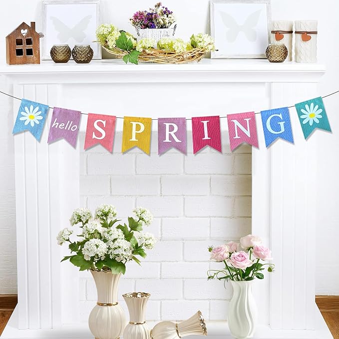 Hello Spring Banner,Pre-assembled Burlap Happy Easter Decorations Welcome Spring Mantle Felt Garland Colorful Party Supplies for Classroom Office Decor