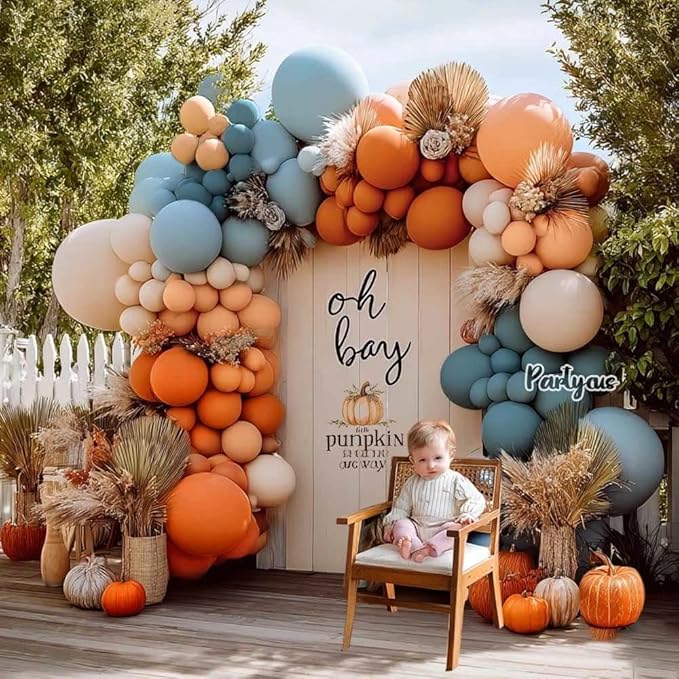 Orange Blue Balloon Arch Kit Double Stuffed Dusty Pastel Blue Burnt Orange Peach Beige Boho Thanksgiving Balloon Garland for Neutral Fall Baby Shower Birthday Bridal Wedding Party Decoration