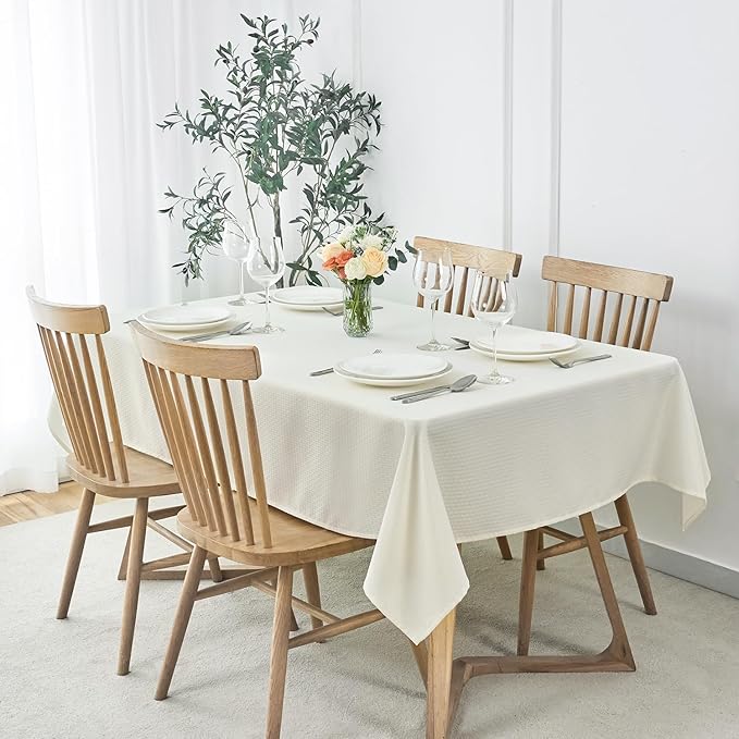 maxmill Tablecloth Weaved Texture Stain Resistant Waterproof, Wrinkle Resistant Washable Table Cloth, Fabric Table Cover for Dining Room, Indoor Outdoor Use, Rectangle 60 x 120 Inch, Ivory