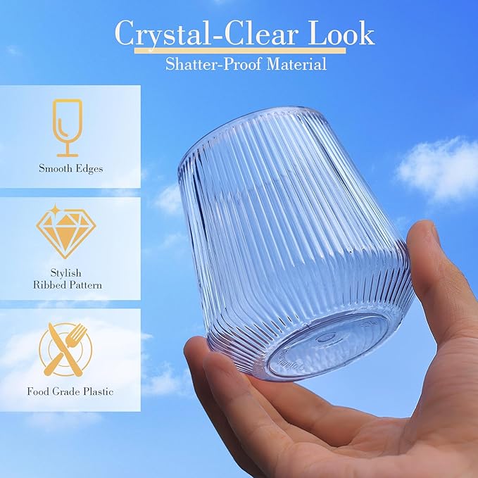 48 Pack Plastic Glasses – 24 x 9oz Stemless Champagne Flutes & 24 x 12oz Stemless Wine Glasses – Elegant Disposable Shatterproof Cup – BPA-Free Drinkware for Weddings, Parties (Clear Ribbed)