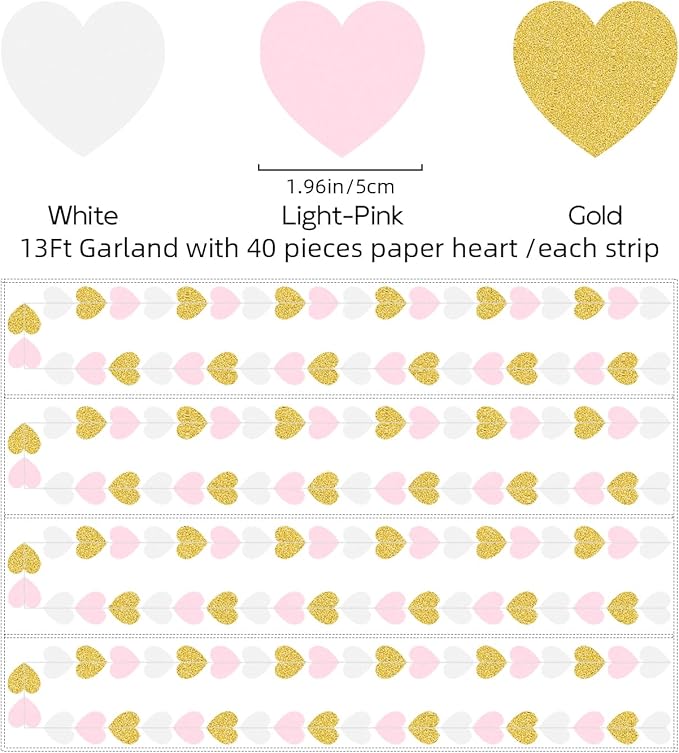 White Gold Pink Party-Decorations - 52Ft Paper Heart Streamers Garland Banner Women Birthday Bridal Shower Wedding Bachelorette Engagement Hanging Decor HongTongTong