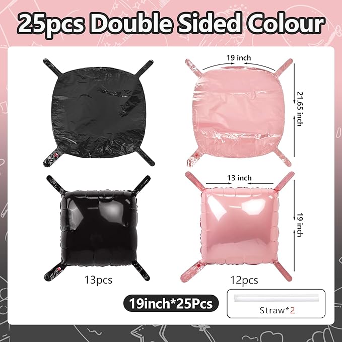 NISOCY 25PCS Black and Pearl Pink Square Foil Balloons Wall Backdrop Double Sided Black and Pearl Pink Balloons Arch Kit for Birthday Party Anniversary Wedding Baby Shower Decorations