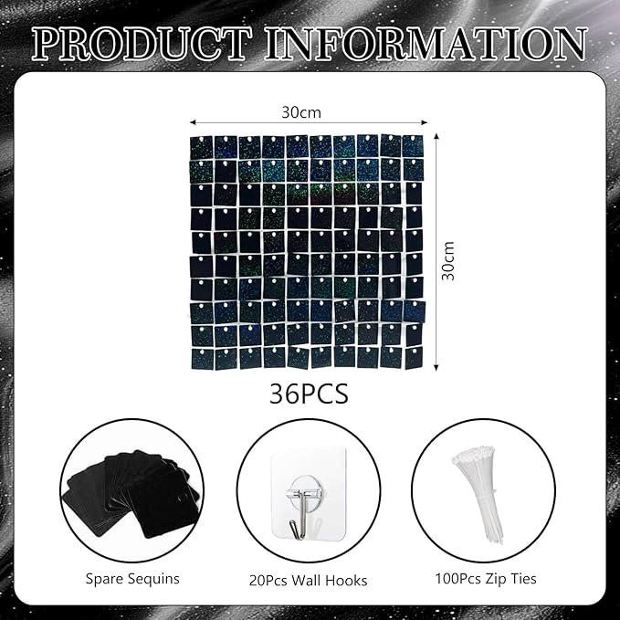 36 PCS Black Shimmer Wall Backdrop, Laser Square Sequin Photo Backdrops Panel, Glitter Wall Background for Birthdays, Weddings, Halloween, Engagements, Disco Bachelorette Party Decoration (6FTx6FT)